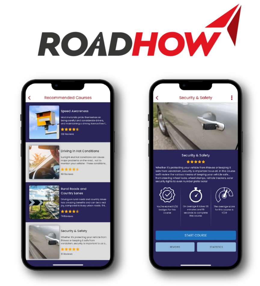 RoadHow logo and screenshots showing app on an Apple iPhone