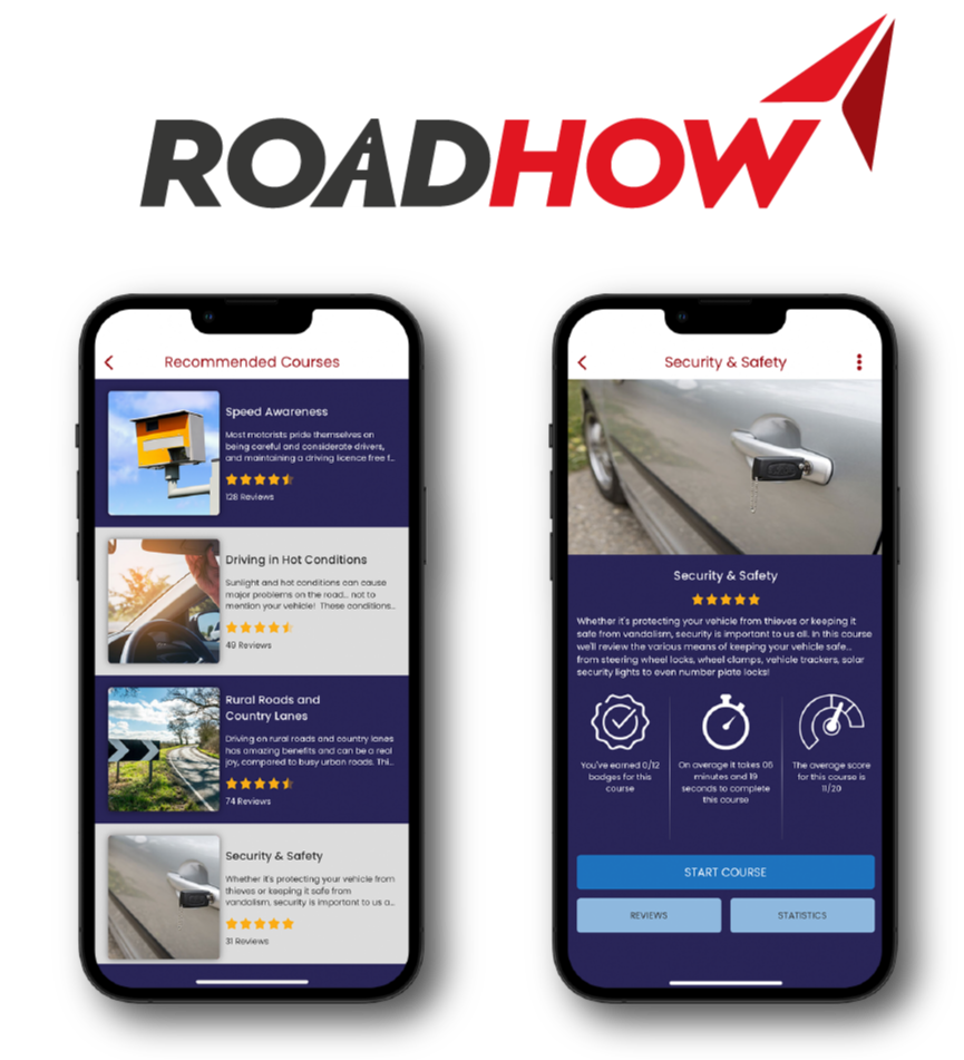 RoadHow learn to drive app logo and screenshots showing app on an Apple iPhone