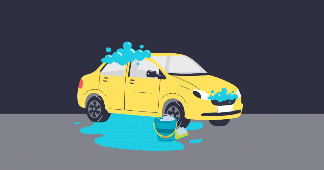 Illustration of yellow car being washed.