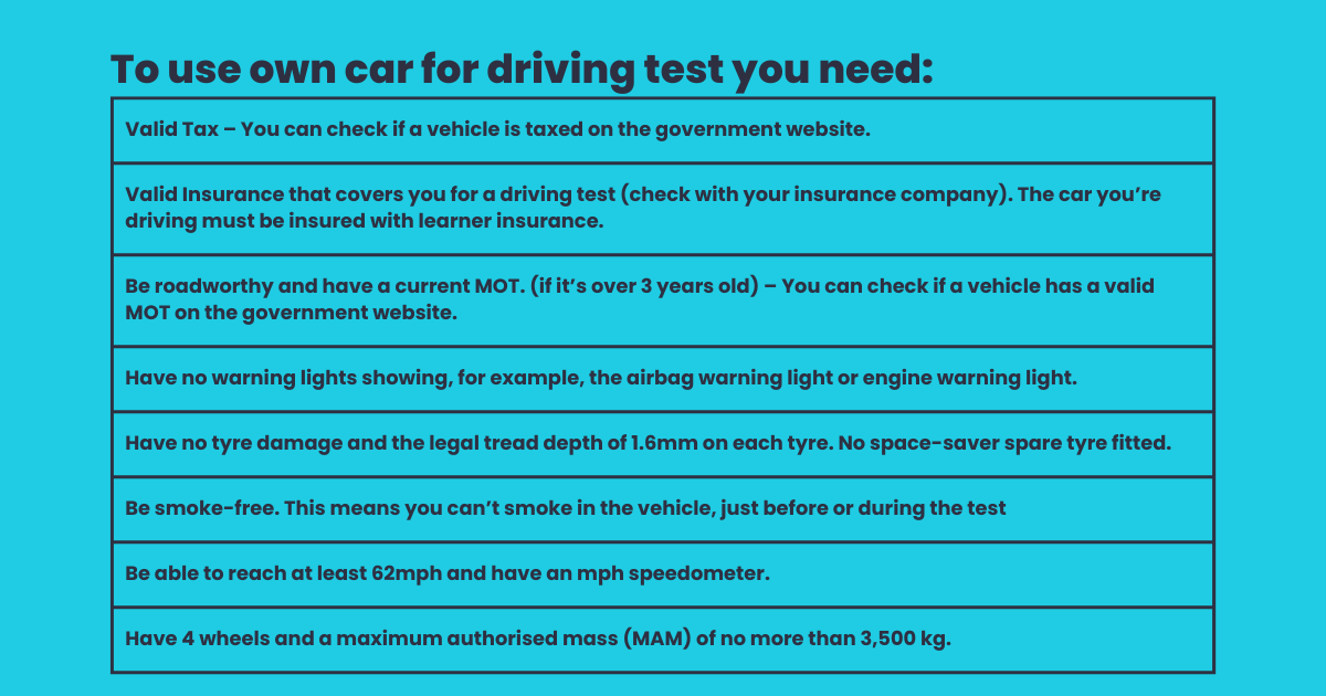 what your car needs for a driving test