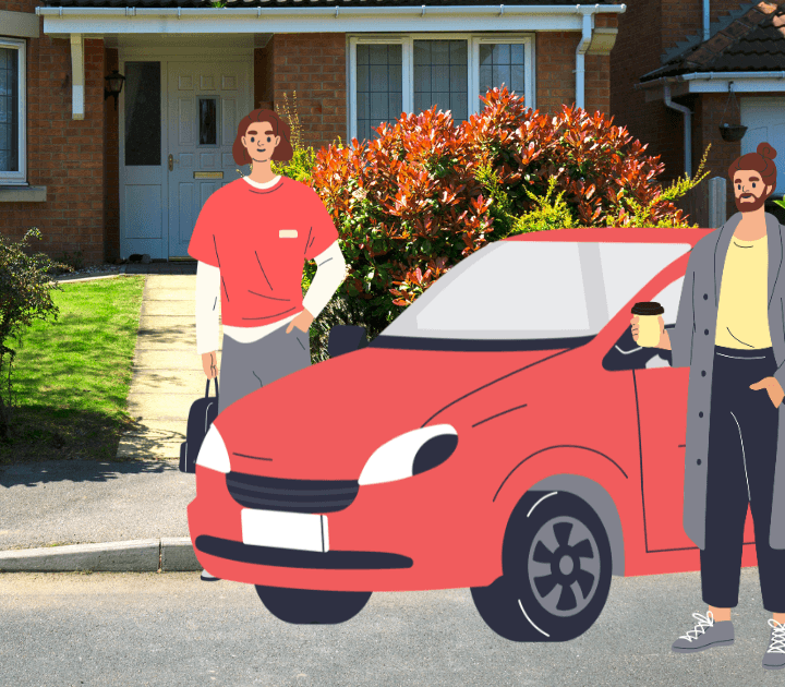 Illustration of parent and child getting in to red car