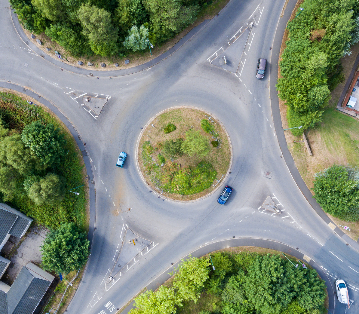 top down view of a roundabout with four junctions